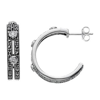 Lavish by TJM Sterling Silver Cubic Zirconia and Marcasite Semi-Hoop Earrings