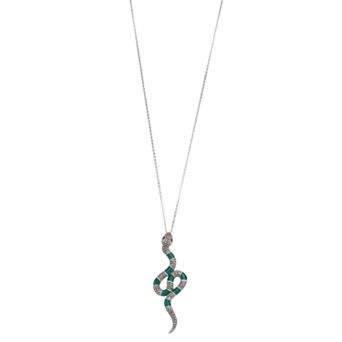 Lavish by TJM Sterling Silver Green Enamel with Black Spinel & Marcasite Serpent Pendant Necklace