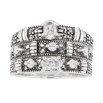Lavish by TJM Sterling Silver Cubic Zirconia and Marcasite 3 pc Stack Ring Set