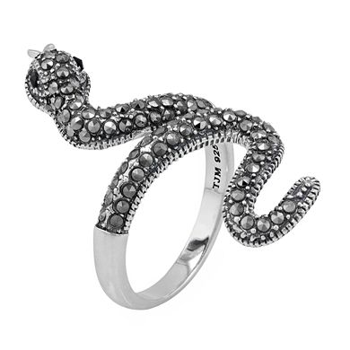 Lavish by TJM Sterling Silver Black Spinel & Marcasite Serpent Ring