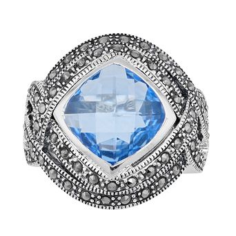 Lavish by TJM Sterling Silver Lab-Created Blue Quartz & Marcasite Cocktail Ring
