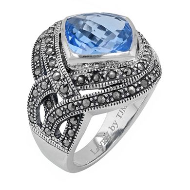 Lavish by TJM Sterling Silver Lab-Created Blue Quartz & Marcasite Cocktail Ring