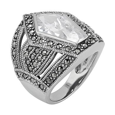 Lavish by TJM Sterling Silver Cubic Zirconia & Marcasite Cocktail Ring