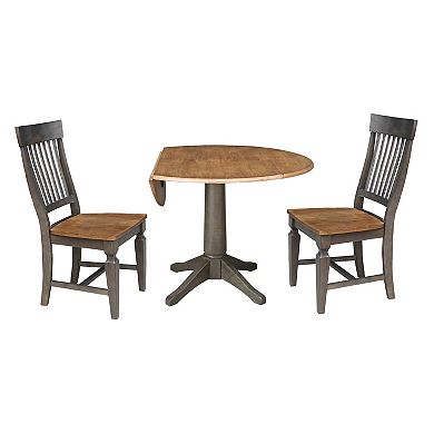 International Concepts Round Drop-Leaf Dining Hickory & Washed Coal Table & Chairs 3-Piece Set