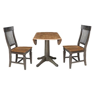 International Concepts Round Drop-Leaf Dining Hickory & Washed Coal Table & Chairs 3-Piece Set