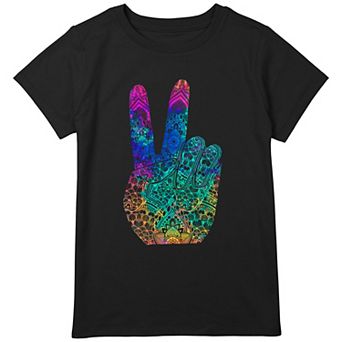 Girls 7-16 Plus Size Rainbow Peace Sign Neon Henna Graphic Tee