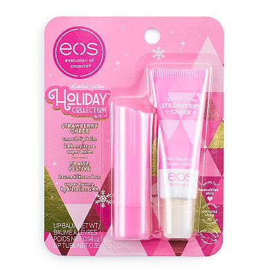 eos Limited Edition Holiday Collection Strawberry Cheer Lip Balm + 24H Moisture Super Balm 2-Pack