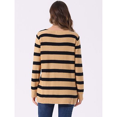 Women's Round Neck Long Sleeves Drop Shoulder Loose Striped Tunic Sweater