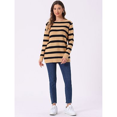Women's Round Neck Long Sleeves Drop Shoulder Loose Striped Tunic Sweater