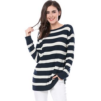 Women's Round Neck Long Sleeves Drop Shoulder Loose Striped Tunic Sweater