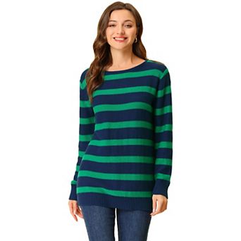 Women's Round Neck Long Sleeves Drop Shoulder Loose Striped Tunic Sweater