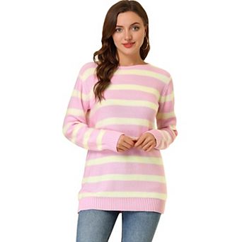 Women's Round Neck Long Sleeves Drop Shoulder Loose Striped Tunic Sweater