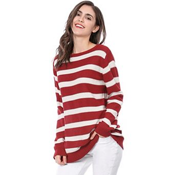 Women's Round Neck Long Sleeves Drop Shoulder Loose Striped Tunic Sweater