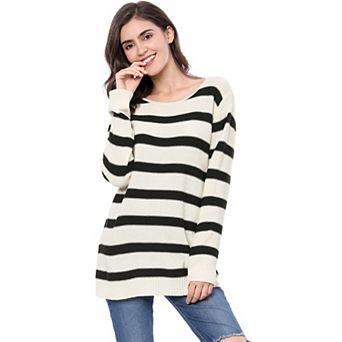 Women's Round Neck Long Sleeves Drop Shoulder Loose Striped Tunic Sweater