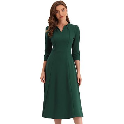 Allegra K Women's Work Office Elegant 3/4 Sleeve V Neck A-Line Dress Color: Dark Green Size: Medium