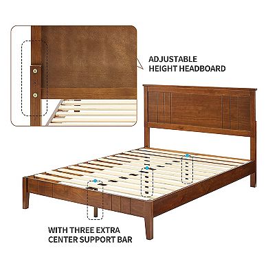 MUSEHOMEINC Mid Century Modern Solid Pinewood Platform Bed with Headboard, Queen