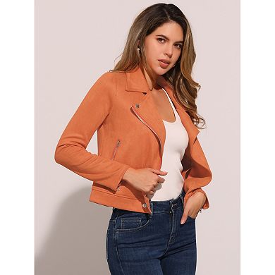 Women's Faux Suede Jacket Long Sleeve Zip Up Moto Biker Jackets
