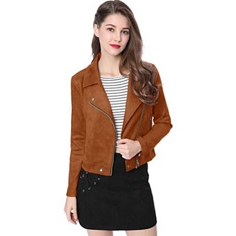 Women's Faux Suede Jacket Long Sleeve Zip Up Moto Biker Jackets