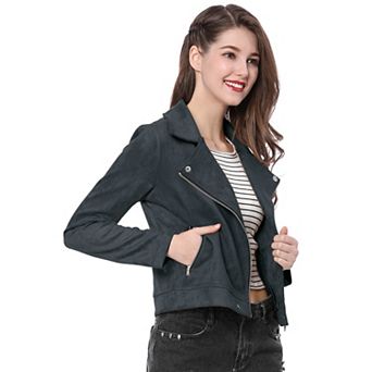 Women's Faux Suede Jacket Long Sleeve Zip Up Moto Biker Jackets