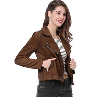 Women's Faux Suede Jacket Long Sleeve Zip Up Moto Biker Jackets