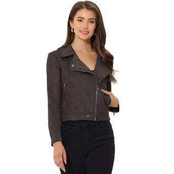 Women's Faux Suede Jacket Long Sleeve Zip Up Moto Biker Jackets