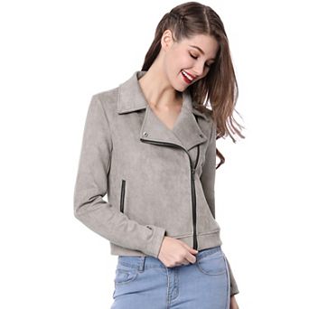 Women's Faux Suede Jacket Long Sleeve Zip Up Moto Biker Jackets