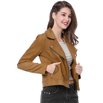 Women's Faux Suede Jacket Long Sleeve Zip Up Moto Biker Jackets