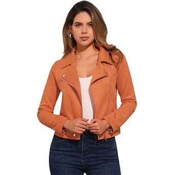 Women's Faux Suede Jacket Long Sleeve Zip Up Moto Biker Jackets