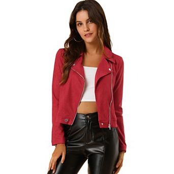 Women's Faux Suede Jacket Long Sleeve Zip Up Moto Biker Jackets