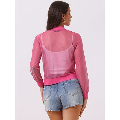 Women's See Through Zip Up Baseball Collar Sheer Mesh Bomber Jacket