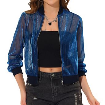 Women's See Through Zip Up Baseball Collar Sheer Mesh Bomber Jacket