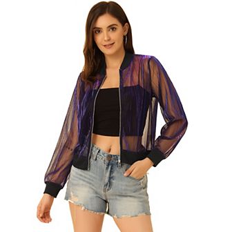 Women's See Through Zip Up Baseball Collar Sheer Mesh Bomber Jacket