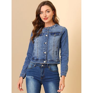 Women's Button Down Collarless Long Sleeve Cropped Denim Jacket