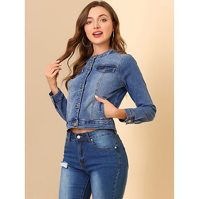 Women's Button Down Collarless Long Sleeve Cropped Denim Jacket