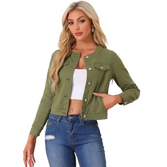 Women's Button Down Collarless Long Sleeve Cropped Denim Jacket