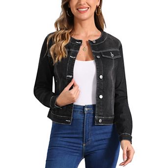 Women's Button Down Collarless Long Sleeve Cropped Denim Jacket