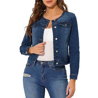 Women's Button Down Collarless Long Sleeve Cropped Denim Jacket