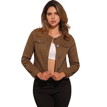 Women's Button Down Collarless Long Sleeve Cropped Denim Jacket