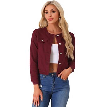 Women's Button Down Collarless Long Sleeve Cropped Denim Jacket