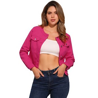 Women's Button Down Collarless Long Sleeve Cropped Denim Jacket