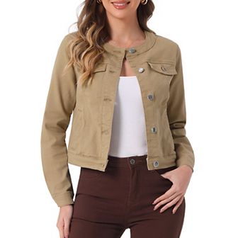 Women's Button Down Collarless Long Sleeve Cropped Denim Jacket