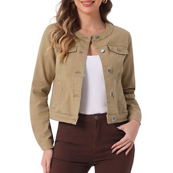 Women's Button Down Collarless Long Sleeve Cropped Denim Jacket