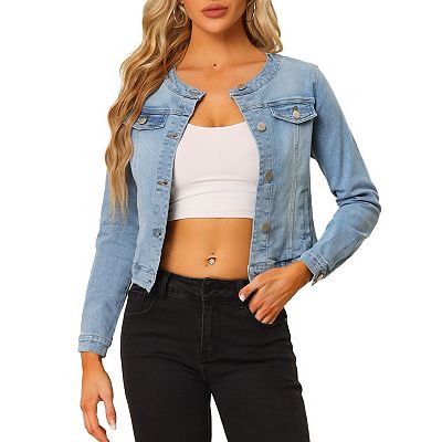 Women's Button Down Collarless Long Sleeve Cropped Denim Jacket - Main Image