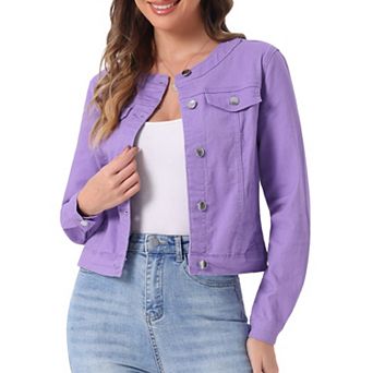 Women's Button Down Collarless Long Sleeve Cropped Denim Jacket