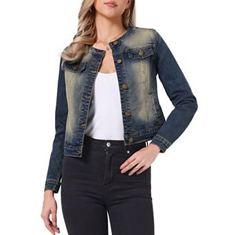 Women's Button Down Collarless Long Sleeve Cropped Denim Jacket