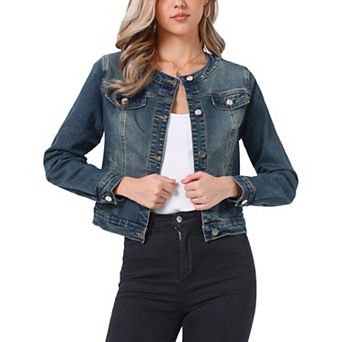 Women's Button Down Collarless Long Sleeve Cropped Denim Jacket