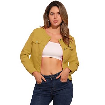 Women's Button Down Collarless Long Sleeve Cropped Denim Jacket