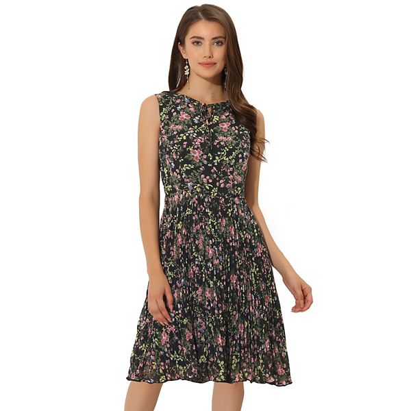 Women's Summer Floral Print A-line Knee Length Sleeveless Pleated Dress