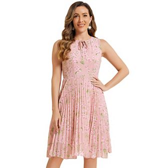 Women's Summer Floral Print A-Line Knee Length Sleeveless Pleated Dress