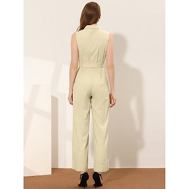 Women's Ankle Tie Waist Workwear Button Front Sleeveless Jumpsuit
